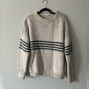 Mersea OS Chunky Knit Sweater Cream Gray Stripe Oversized Coastal Grandpa Core